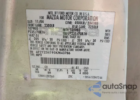 2005 Mazda Tribute S из США, поврежденный, VIN 4F2YZ04195KM43786